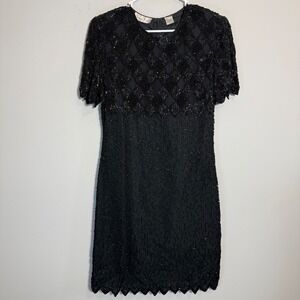 Vtg Laurence Kazar NY Black Silk Beaded Sequin Diamond Cocktail Dress Women's PM